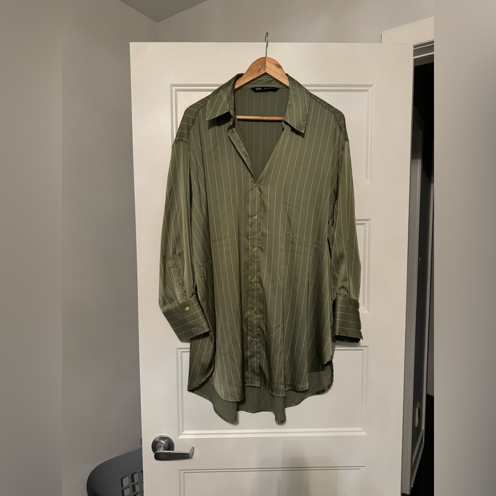 Zara Green Striped Satin Effect Oversized Shirt